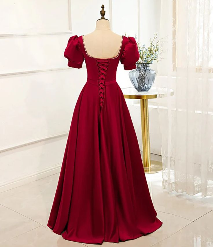 Red Satin Prom Dress Red Dress Puff Sleeve Victorian Dress Y5151