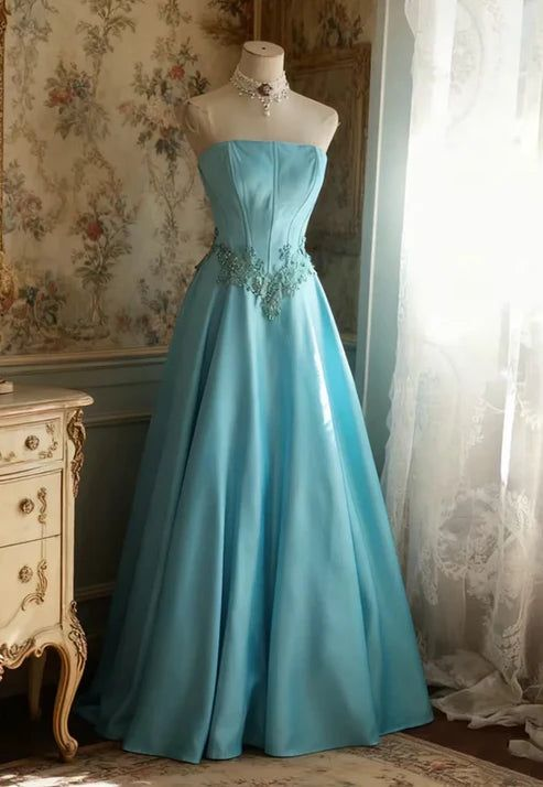 Retro Strapless Ball Gown Blue Satin Appliques Beaded Long Party Dress SP1946