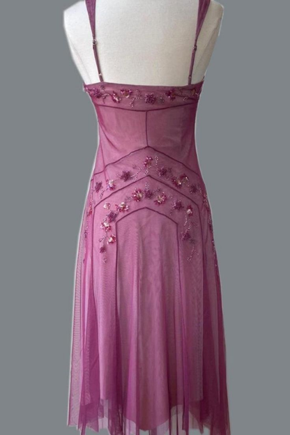 Pretty Spaghetti Straps Pink Tulle Beaded Mid-Length A Line Birthday Prom Dress Evening Gowns SP2105