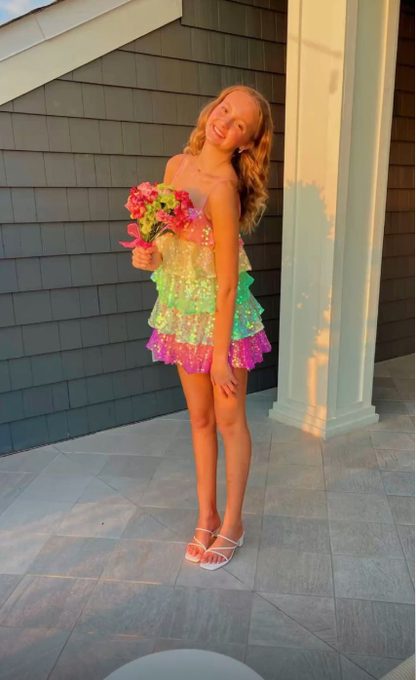 Women Shiny Sequin Sparkle Homecoming Dress Sleeveless Glitter Layered Rainbow Ruffle Dress Party Club Night Dress,Y2475