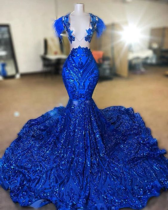 Feather Modest Evening Dress Elegant Royal Blue Sparkly Mermaid Prom Gown Y6657