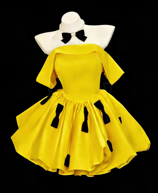 Chic Yellow Satin Bow Short Homecoming Dress Formal 18th Birthday Outfits SP1941