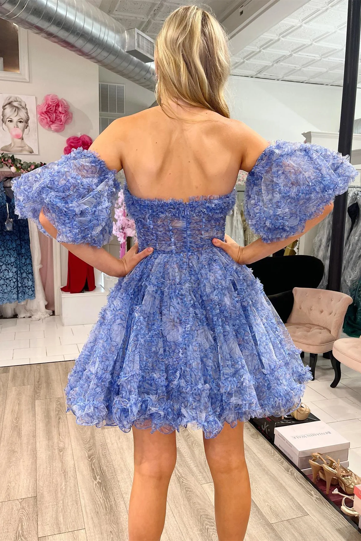 Blue Puff Sleeves Ruffles A-line Prints Homecoming Dress Y2714