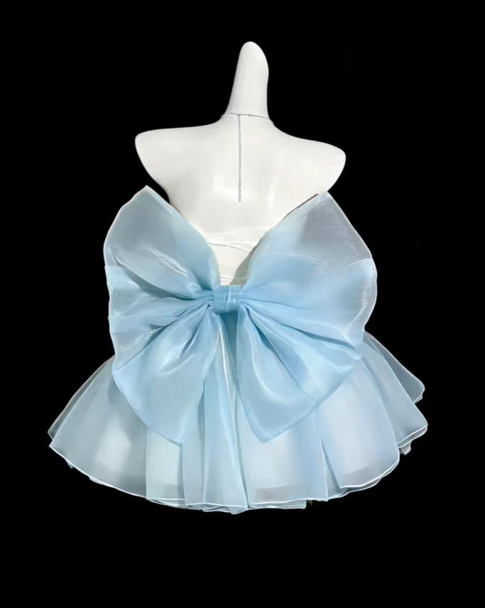 Glamorous Sweetheart Neck Satin Tulle A Line Short Birthday Outfit,Blue Short Homecoming SP3517