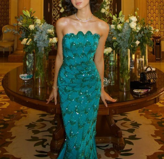 Luxurious Peacock Blue Strapless Satin Sequin Beaded Mermaid Long Prom Dress Evening Dress SP620