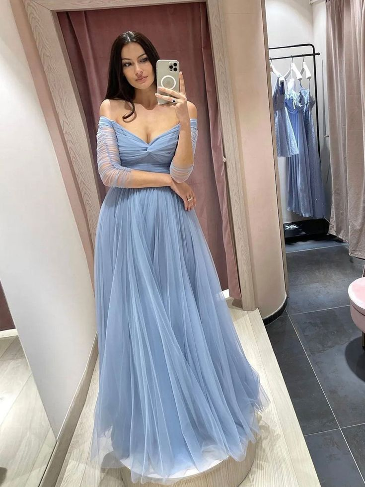 Simple blue tulle long prom dress blue tulle formal dress Y6217