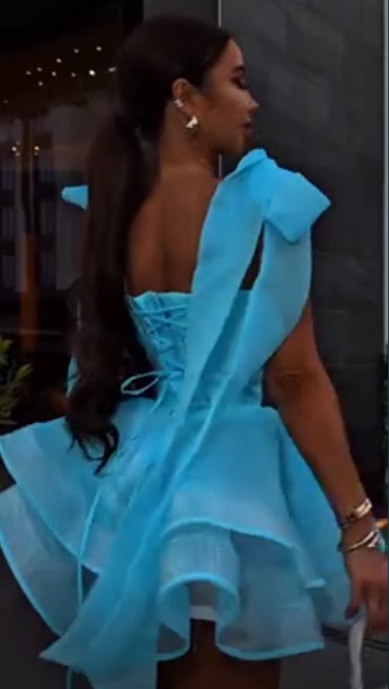 Elegant Spaghetti Straps Blue Tulle A Line Mini Homecoming Dress Short Prom Dress SP3066