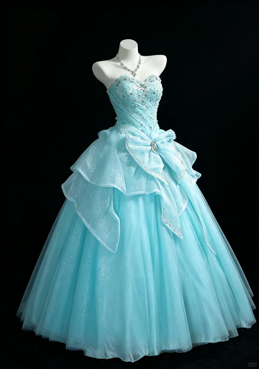 Elegant Blue Strapless Sweetheart Aqua Glitter Tulle Ball Gown Crystal Beaded Big Bow Tiered Ruffle Long Quinceanera Dress SP2734
