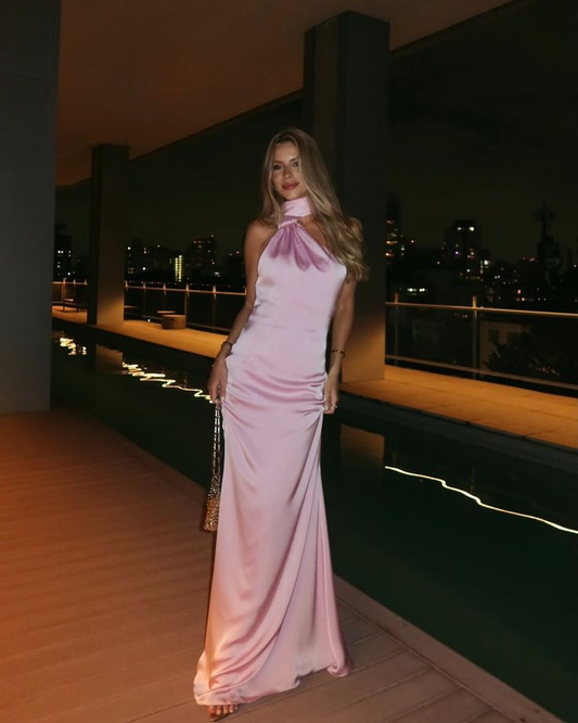 Charming Pink Halter Sleeveless Satin Long Wedding Guest Dress Formal Evening Dress SP279