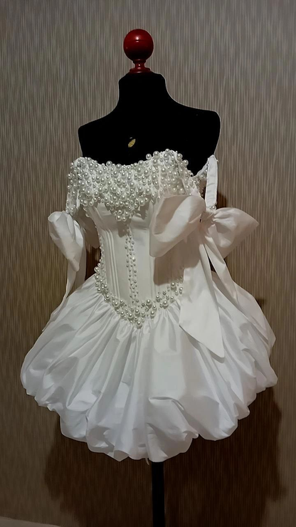Gorgeous White Bow Straps Satin Pearls A Line Short Graduation Homecoming Dress Birthday Outfits SP2458