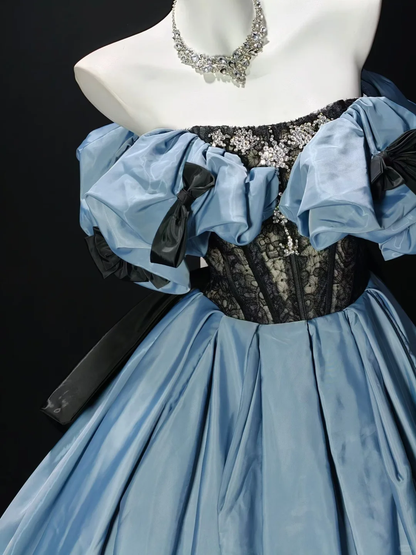 Charming Off The Shoulder Lace Satin Beaded Ball Gown,Blue Birthday Quinceanera Dress SP3186