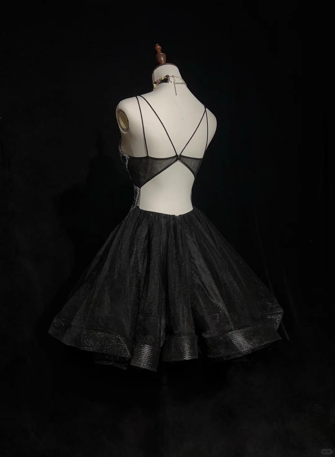 Sexy Black Tulle Beaded A Line Short 7th Grade Homecoming Dress,Spaghetti Straps Mini Prom Dress SP2922