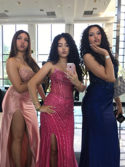Glamorous Pink Satin Sequin Beaded Slit Mermaid Long Evening Dress Strapless Long Party Gown SP3766