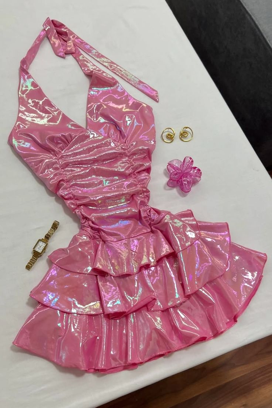Pretty Pink Halter Layered A Line Short Homecoming Dress Cocktail Dress Y9508