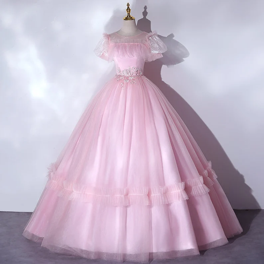 Beautiful Pink Quinceanera Dresses Luxury Puff Sleeves Classic Pleated Party Dress Zipper Back Ball Gown Y2588