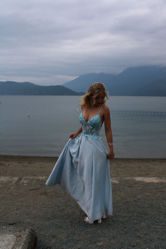 Beautiful Spaghetti Straps Light Blue Satin Applique A Line Long Prom Gown Party Dress SP260