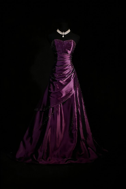 Retro Sweetheart Neck Dull Pink Satin Beaded Mermaid Long Birthday Dress Formal Evening Dress SP1728