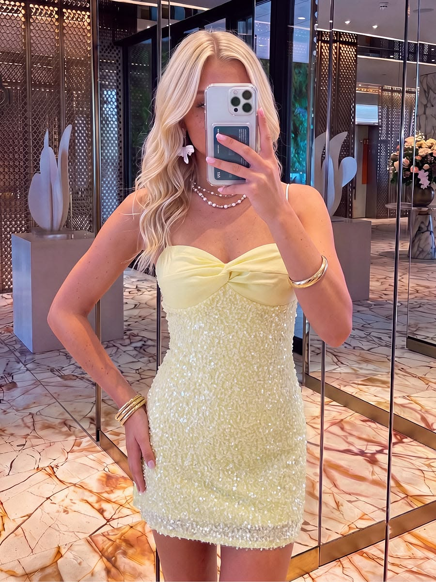 Sparkly Spaghetti Straps Yellow Sequin Short Homecoming Dress Cocktail Dress SP3571