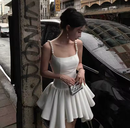 Elegant White Pearl Beaded Spaghetti Strap Asymmetrical Pleated Birthday Dress A Line Homecoming Dress Y8870