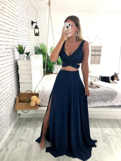 Elegant Two Piece Navy Blue Prom Dress,Graduation Dress  Y7063