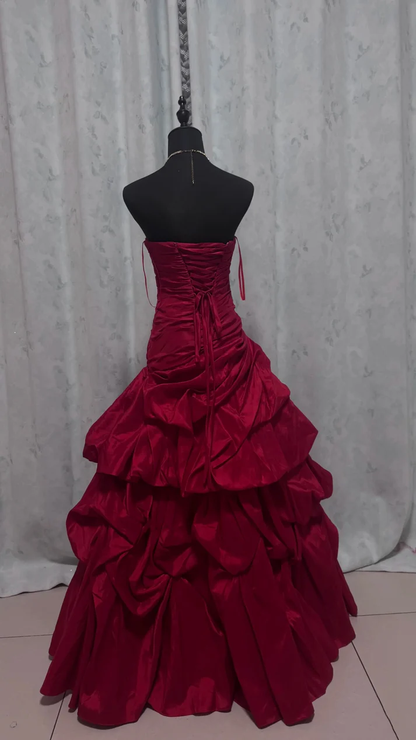Retro Strapless Ball Gown Red Satin Pleated Long Party Dress Prom Gowns SP1724