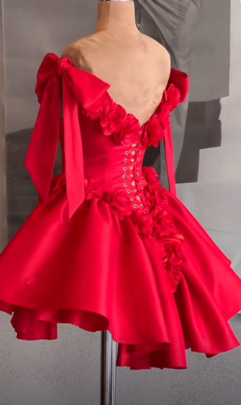 Fashion Bow Straps Satin A Line Mini Cocktail Dress,Red Short Homecoming Dress With 3D Florals SP3197