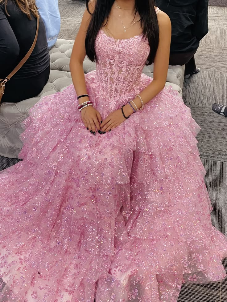 Pretty Pink Tulle Sequin Appliques Layered Long Birthday Party Dress Prom Gown SP3935