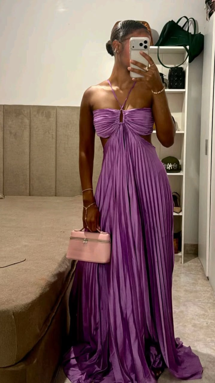 Pretty Purple Halter Satin Pleated Long Party Dress Prom Gown SP3941