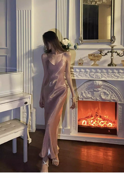 Classy Spaghetti Straps Pink V Neck Satin Mermaid Long Party Dress Formal Wedding Guest Dress SP2004