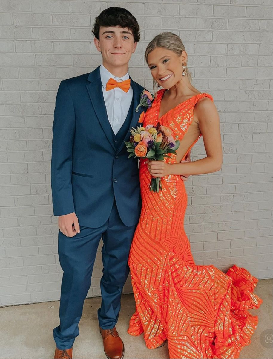 Elegant V Neck Sexy Sleeveless Mermaid Prom Dress,Orange Evening Dress  Y5188