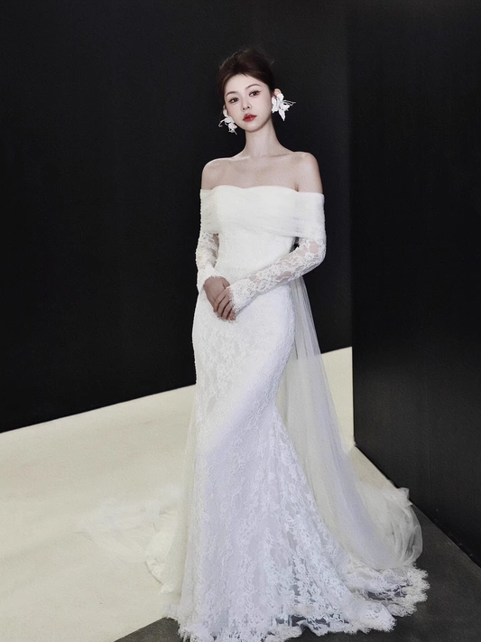 Gorgeous Off The Shoulder Tulle Lace Mermaid Long Wedding Dress White Bridal Dresses SP2022