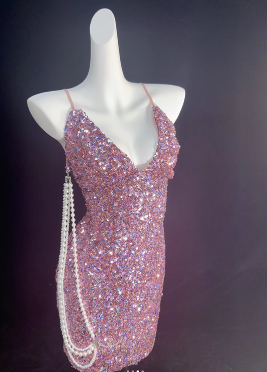 Glitter Pink Spaghetti Straps Sequin Sheath Homecoming Dress Short Birthday Outfits SP348