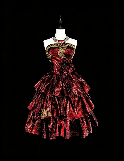 Retro Burgundy Satin Appliques Layered A Line Short Graduation Homecoming Dress,Strapless Mini Birthday Dress SP3393