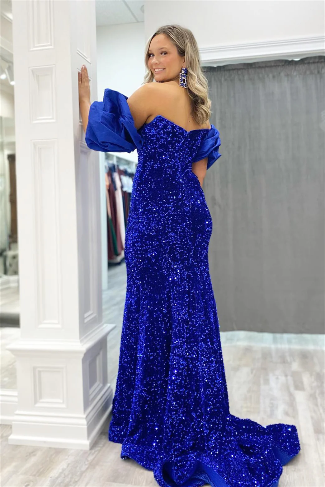 Mermaid Off-the-Shoulder Puff Sleeves Sequins Long Prom Dress Y4949