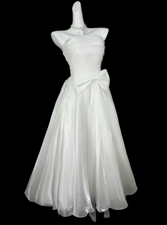 Elegant Strapless Tulle Bow A Line Long Wedding Guest Dress,White Long Party Dress SP3523