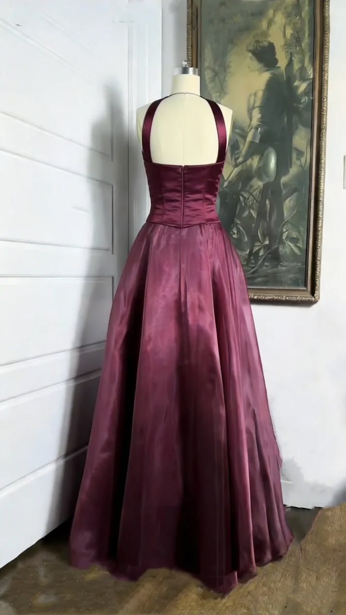 Vintage Burgundy Satin Beaded A Line Long Party Dress Prom Dresses SP2113