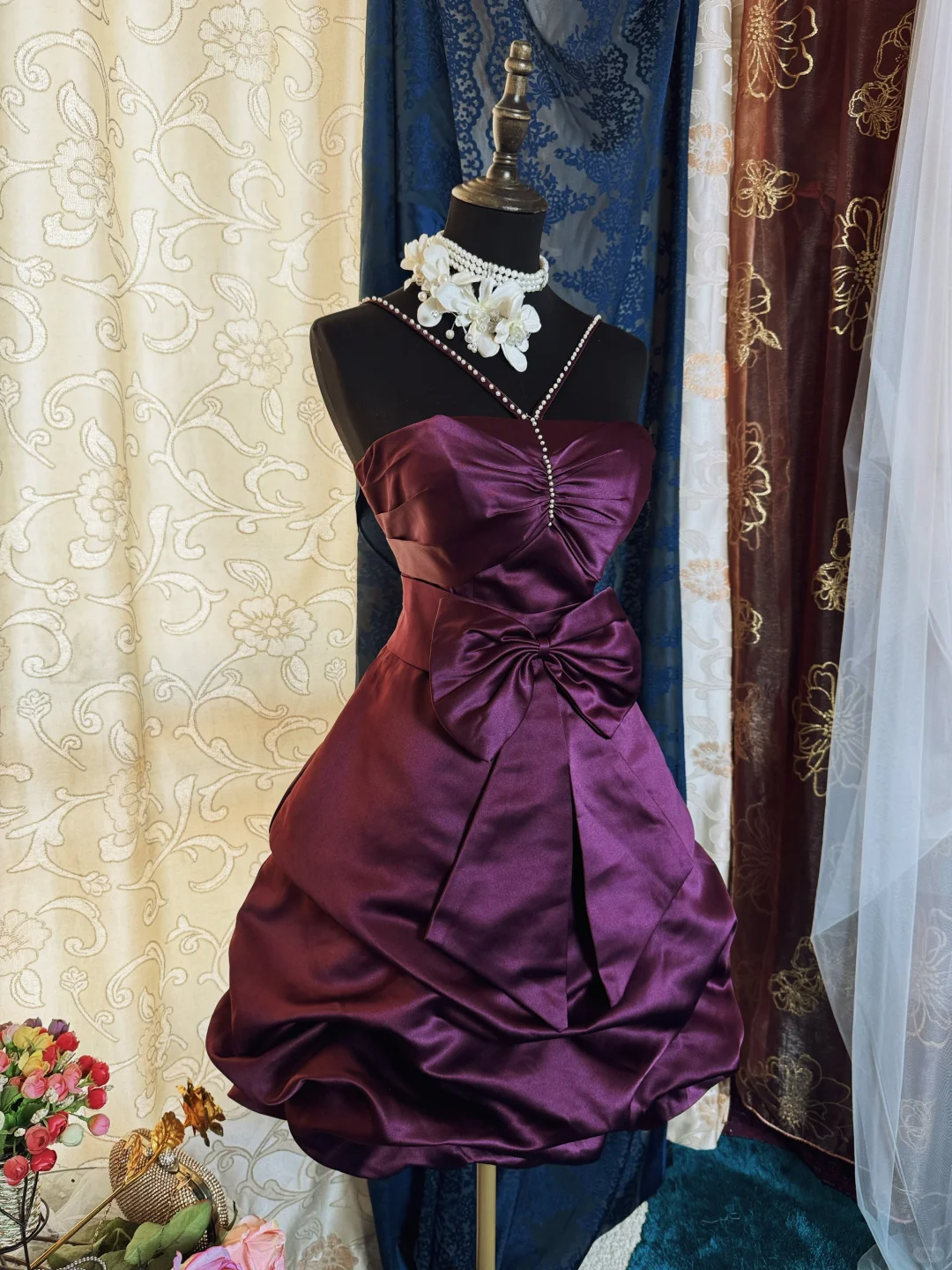 Vintage Purple Satin Bow Pleated Short Homecoming Dress Cocktail Dress With Beads SP2191