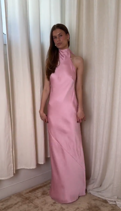 Cute Pink Halter Satin Sheath Backless Long Prom Gown Formal Party Dress SP249