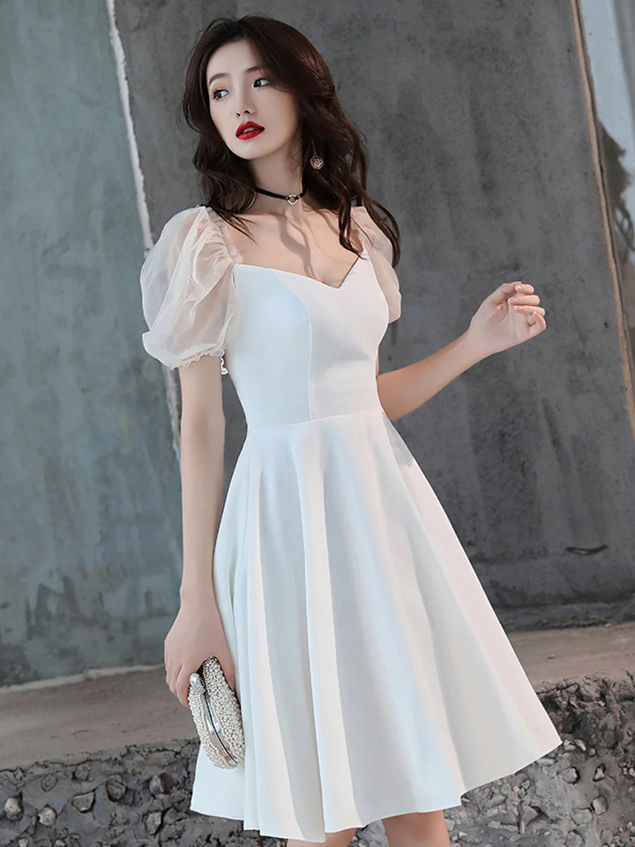 White Satin Short Prom Dress, White Homecoming Dress,Y2423