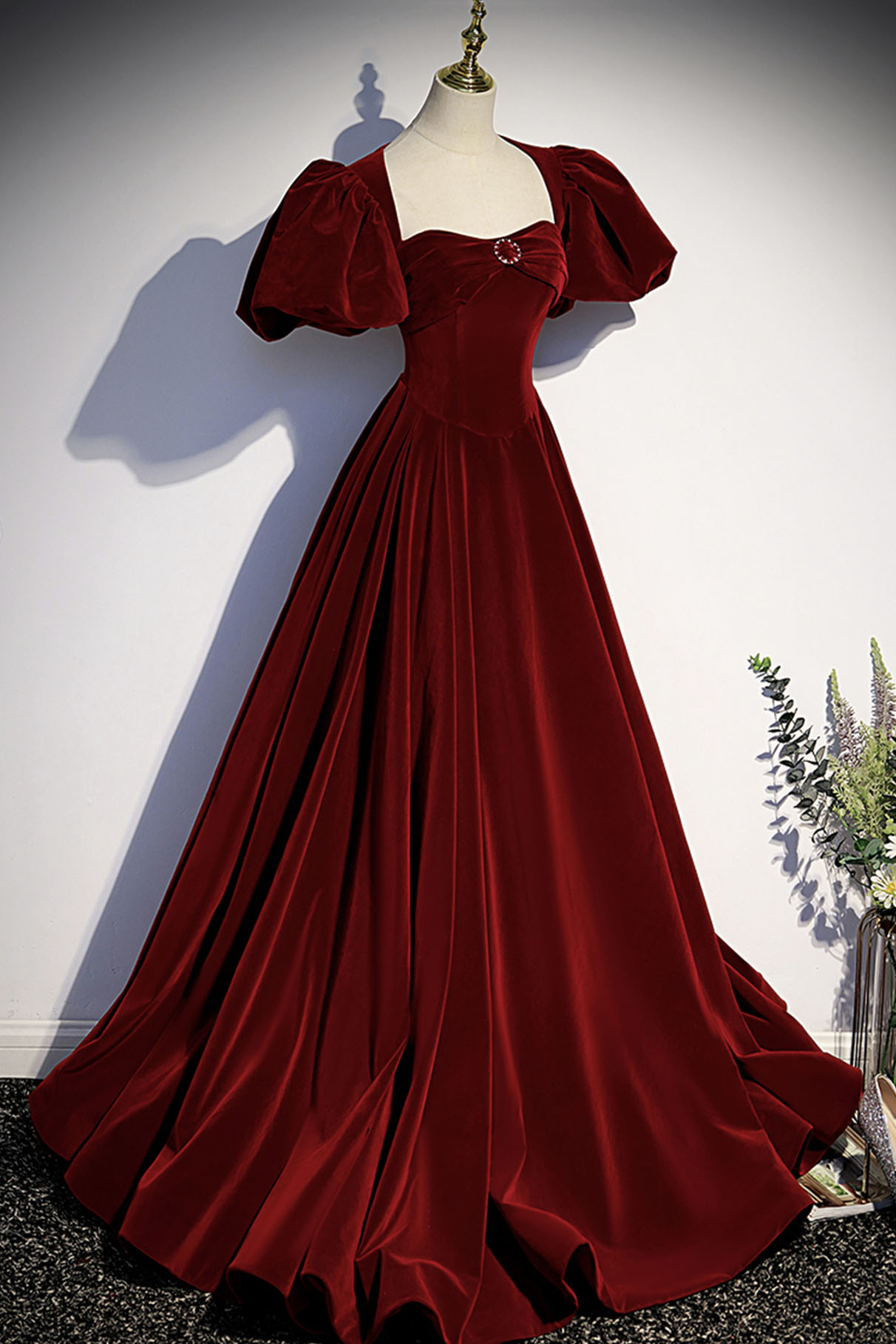 Burgundy velvet long prom dress evening dress Y4384