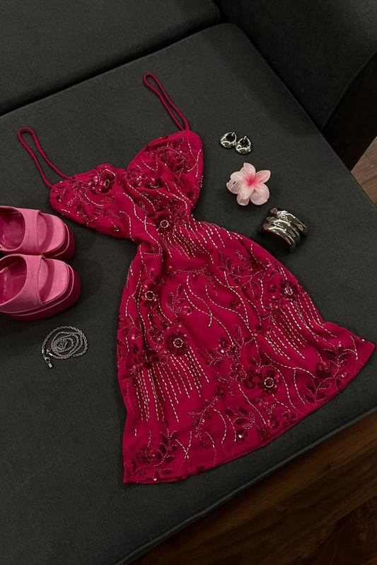 Vintage Rose Red Satin Sequin Beaded Short 9th Grade Homecoming Dress Birthday Outfits SP2783