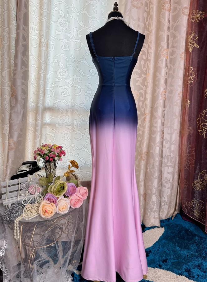 Unique Spaghetti Straps Navy Blue Ombre Pink Satin Slit Mermaid Evening Dress Long Birthday Prom Gowns SP1892