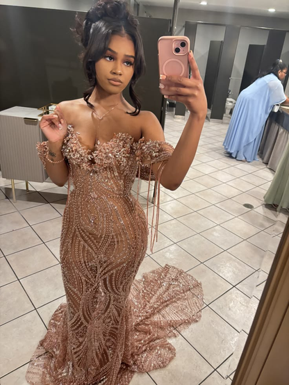 Gorgeous Off The Shoulder Pink Tulle Sequin Beaded Mermaid Long Prom Dress Party Gown SP3727