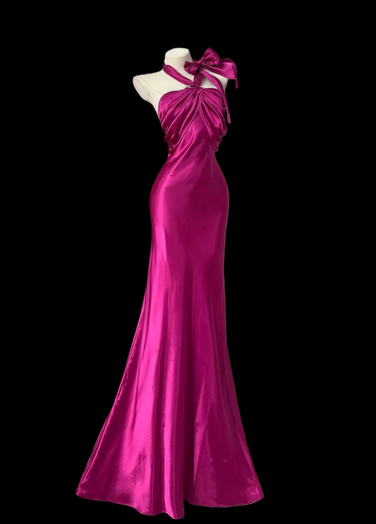 Sexy Halter Hot Pink Satin Mermaid Long Party Dress Birthday Dress SP1756
