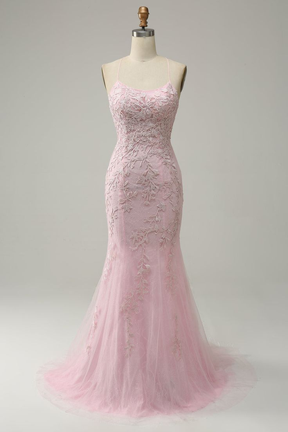 Mermaid Spaghetti Straps Light Pink Long Prom Dress with Appliques Y7020