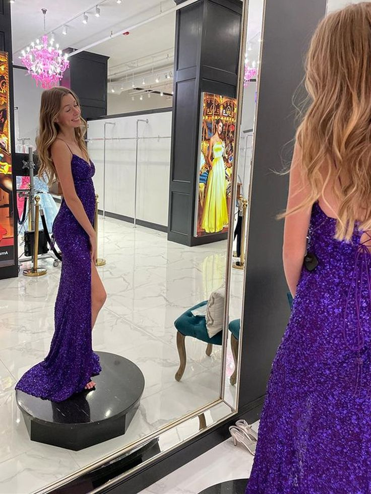 Mermaid V Neck Open Back Long Prom Dresses with Slit Sequins Formal Graduation Evening Gowns Y7398