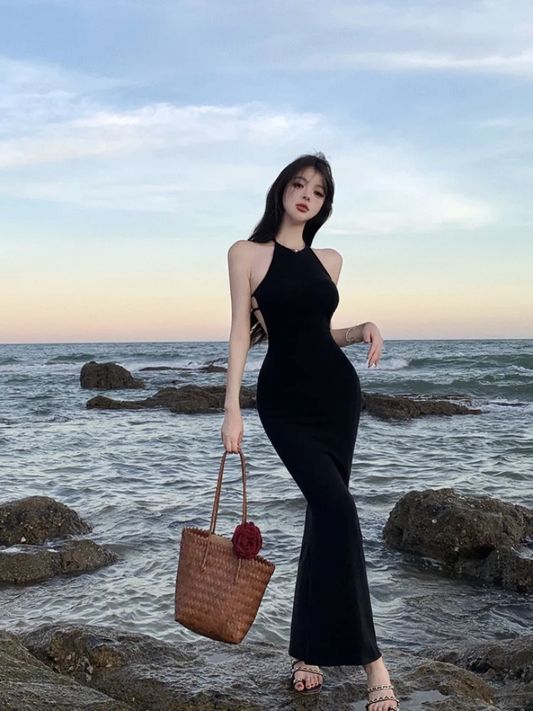 Sexy Black Halter Sheath Backless long Prom Dress Evening Gown SP2292