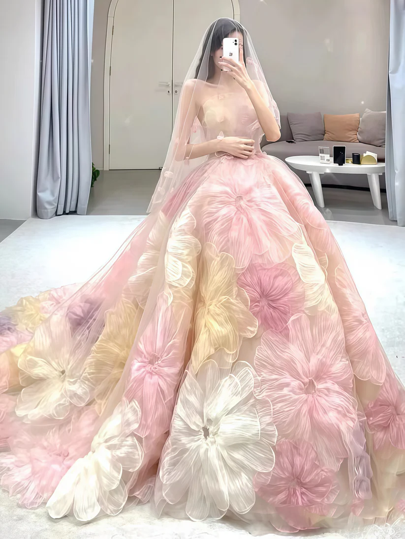 Dream Princess Floral Ball Gown, Strapless A-line Wedding Dress Y8289