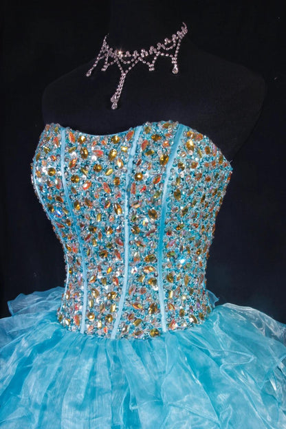 Sparkly Strapless Tulle Beaded A Line Short Prom Dress,Light Blue Short 8th Grade Homecoming Dress SP2831