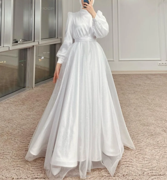 Modest A-line Navy Blue Tulle Long Sleeves Prom Dress,Muslim Dress  Y5848